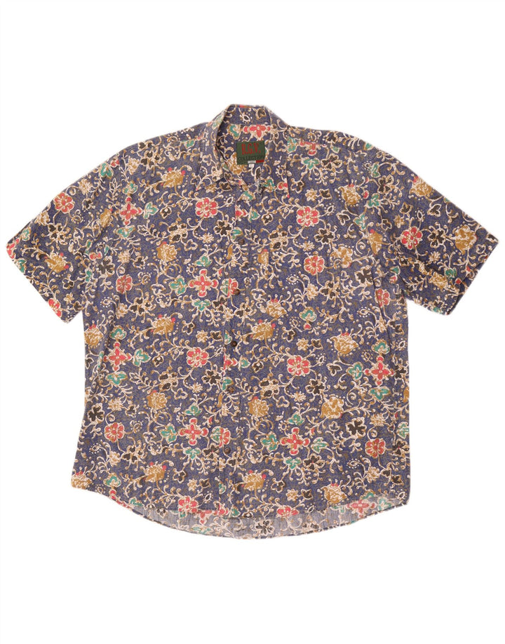 Vintage hombres camisa de manga corta grande azul floral