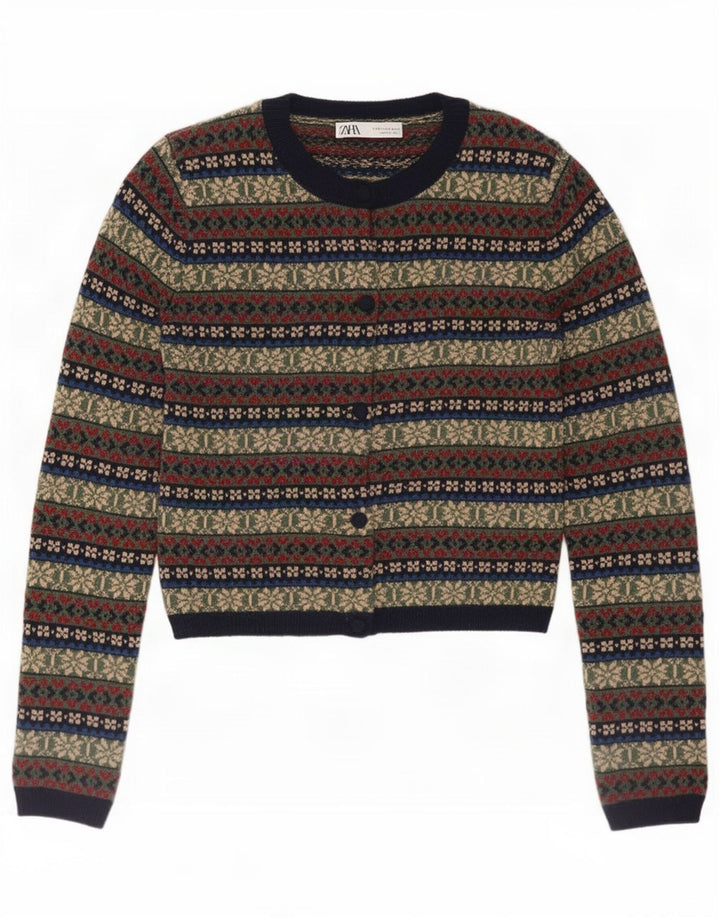 Zara Mujer Cárdigan Suéter UK 10 Small Multicolor Fair Isle Poliamida