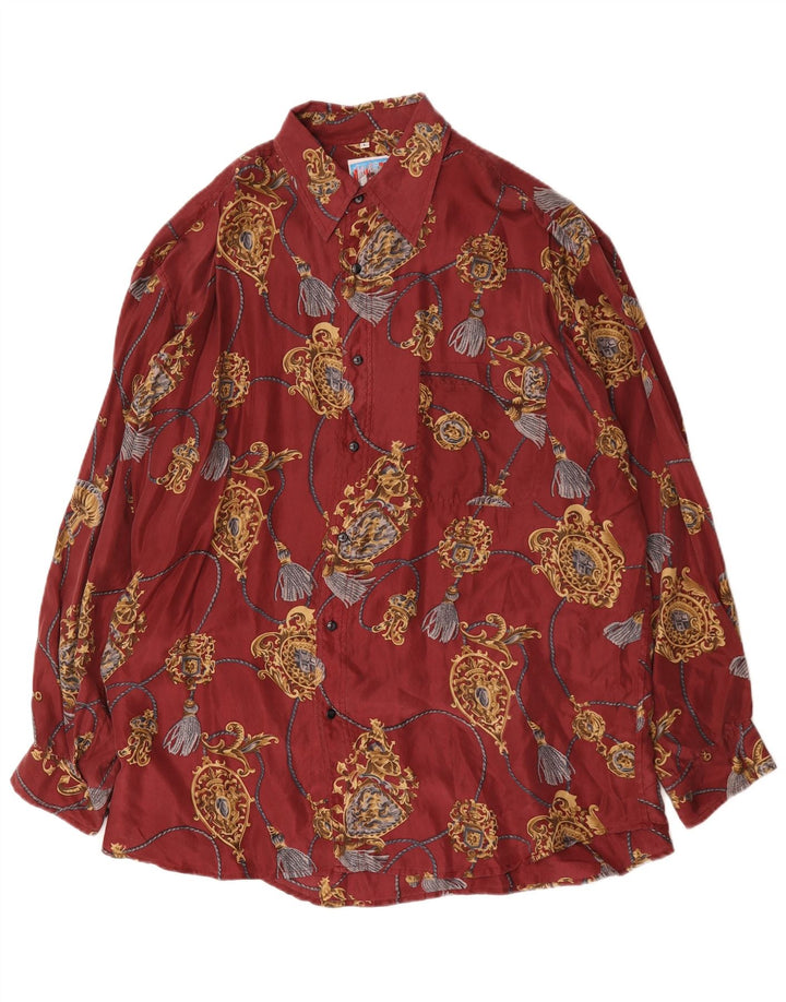 Vintage hombres patrón abstracto camisa grande seda roja