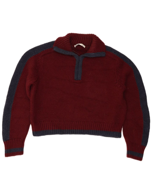 Zara Mujer Crop Polo Neck Jumper Sweater UK 10 Small Borgoña Colorblock