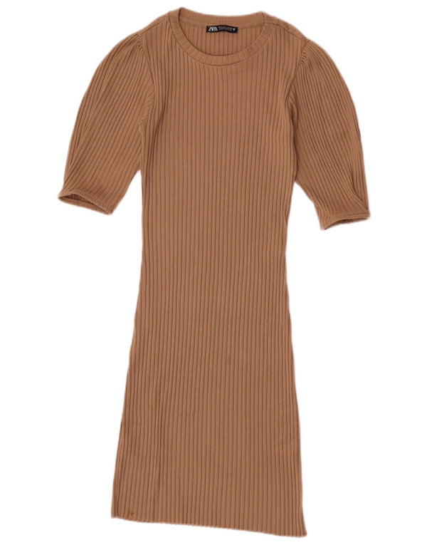 Zara Mujer Vestido Ajustado UK 8 Pequeño Poliéster Beige