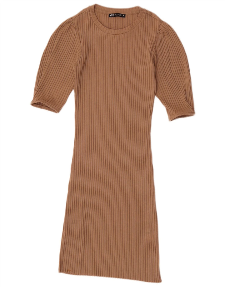 Zara Mujer Vestido Ajustado UK 8 Pequeño Poliéster Beige