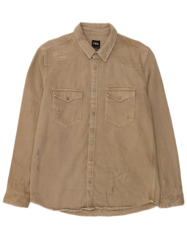 Zara Hombre Camisa Vaquera De Ajuste Relajado Desgastado Grande Algodón Beige