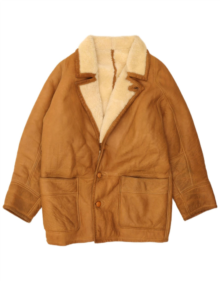 Vintage hombres shearling chaqueta Reino Unido 40 cuero marrón grande