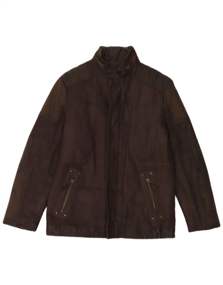Vintage hombres chaqueta de cuero con capucha IT 52 marrón grande