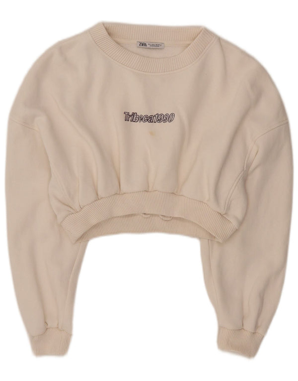 Zara Mujer Crop Graphic Sudadera Jumper UK 10 Small Off White Algodón