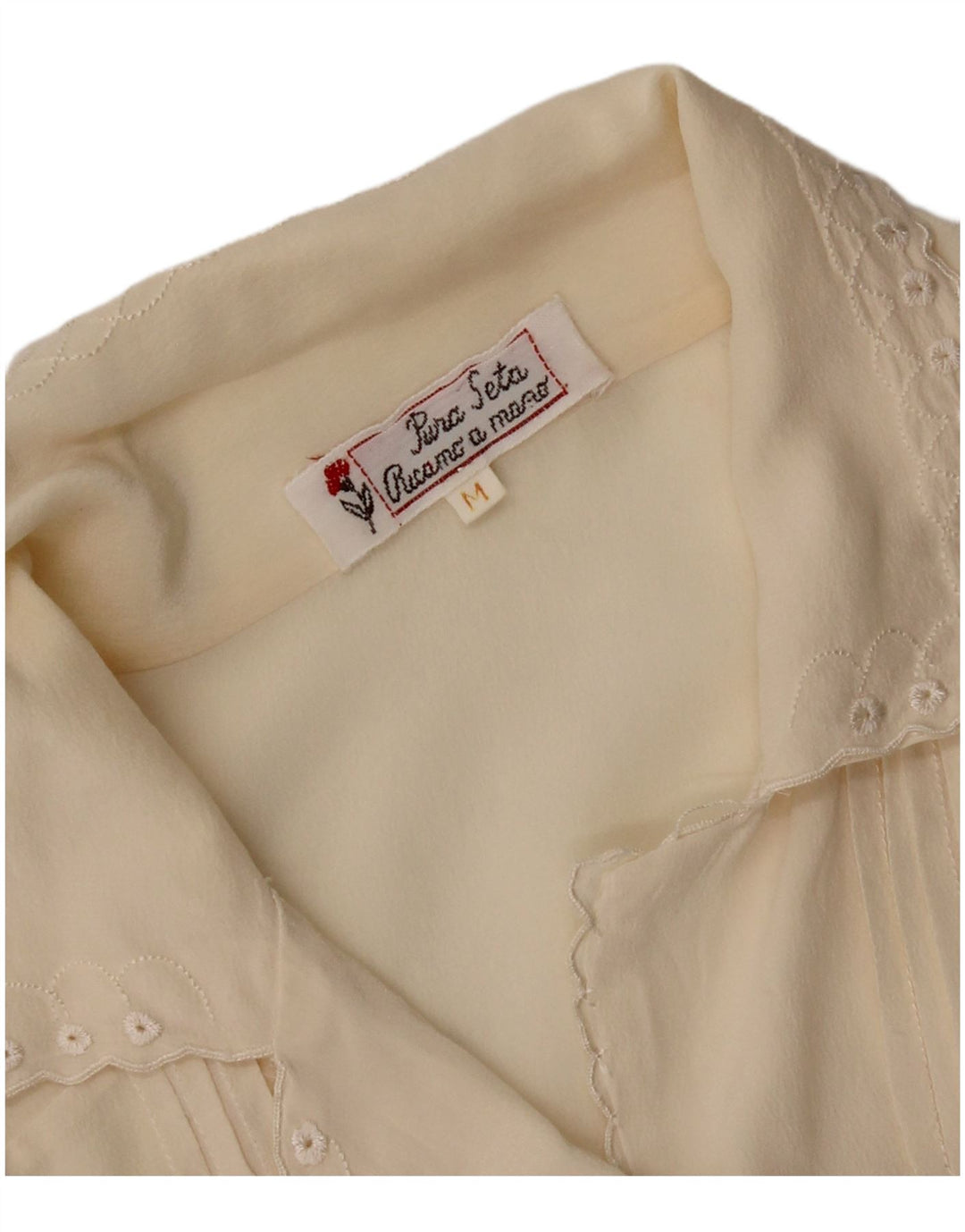 Vintage mujer camisa de manga corta blusa Reino Unido 14 medio de seda blanca