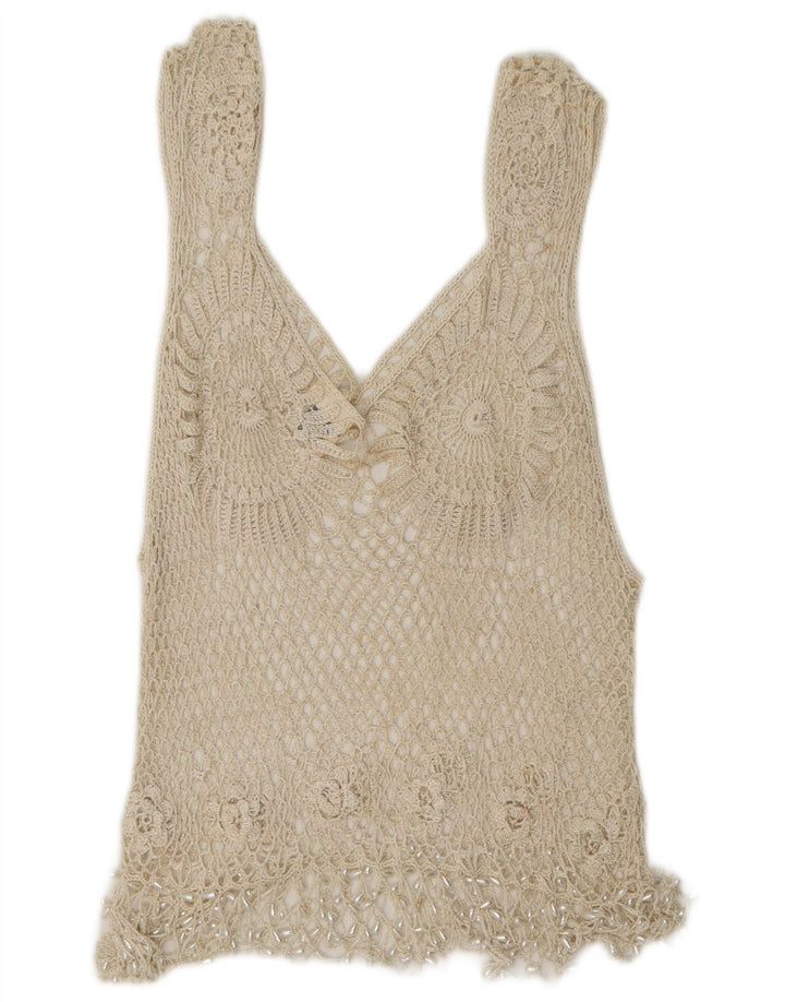 Rafale Blusa de crochet hecha a mano para mujer Top UK 14 Rayón beige medio