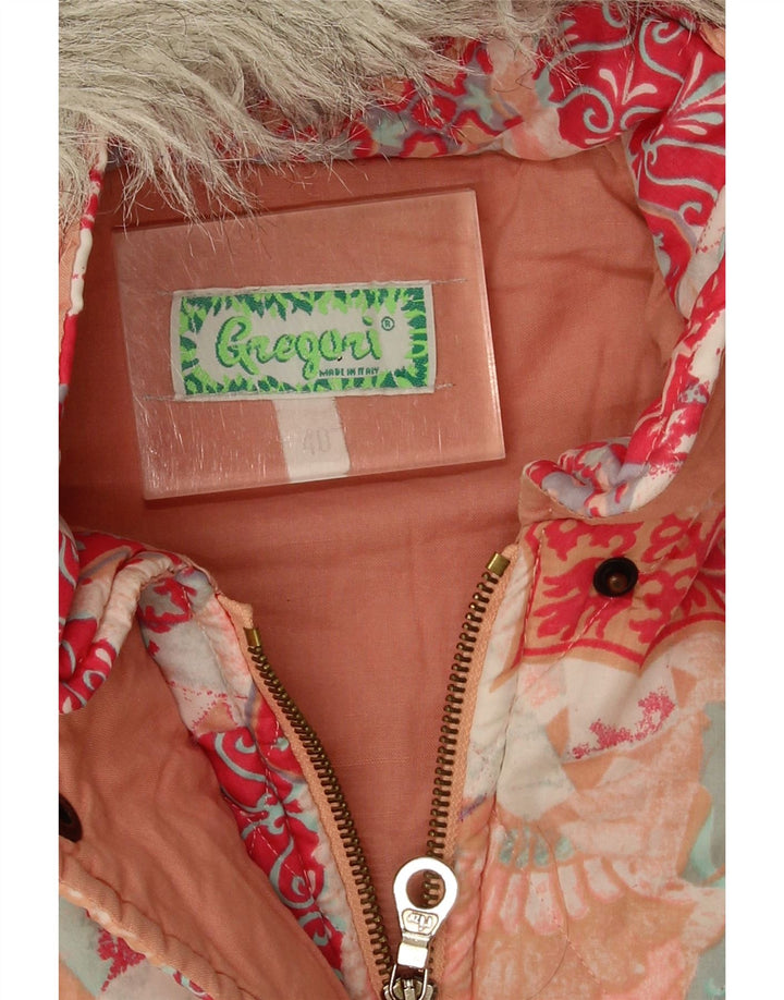 Vintage mujer chaqueta acolchada con capucha EU 40 medio multicolor floral