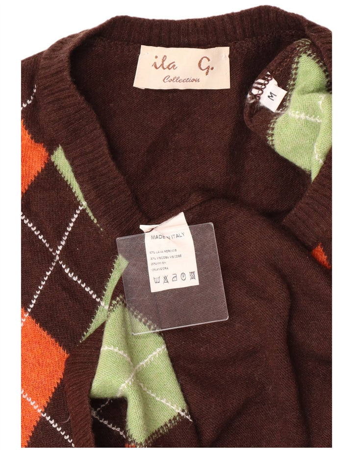 VINTAGE Mujer V-Cuello Jumper Suéter Reino Unido 12 Marrón Medio Argyle/Diamond