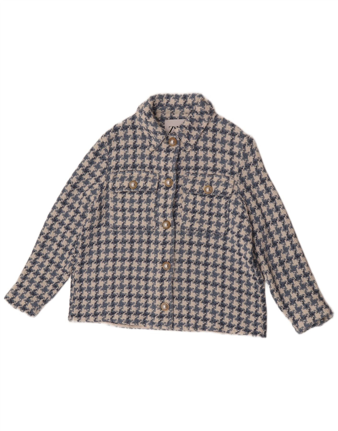 Zara Chaqueta Blazer De 5 Botones Y Manga 3/4 para Mujer UK 10 Small Blue Houndstooth