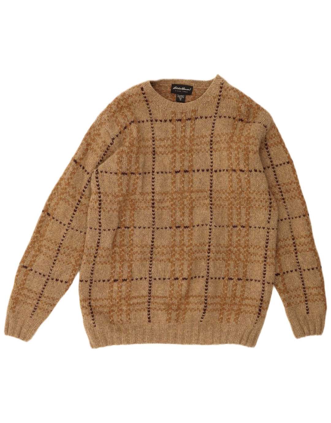Eddie Bauer Jersey De Cuello Redondo Para Hombre XL De Lana De Cordero A Cuadros Marrón