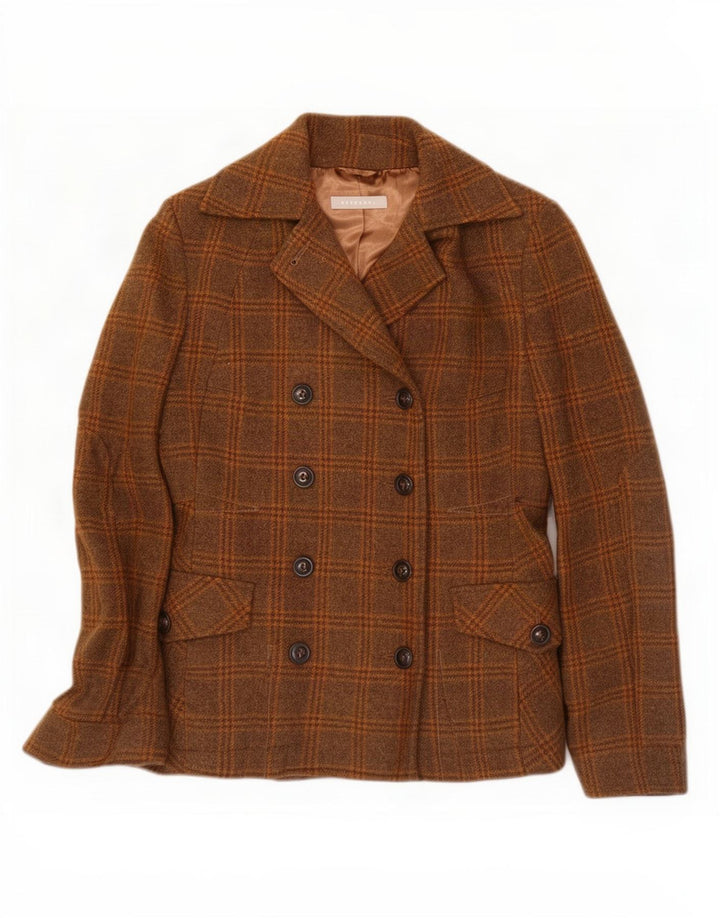 Stefanel Chaqueta tipo blazer con doble botonadura para mujer UK 10 Small Brown Check Wool