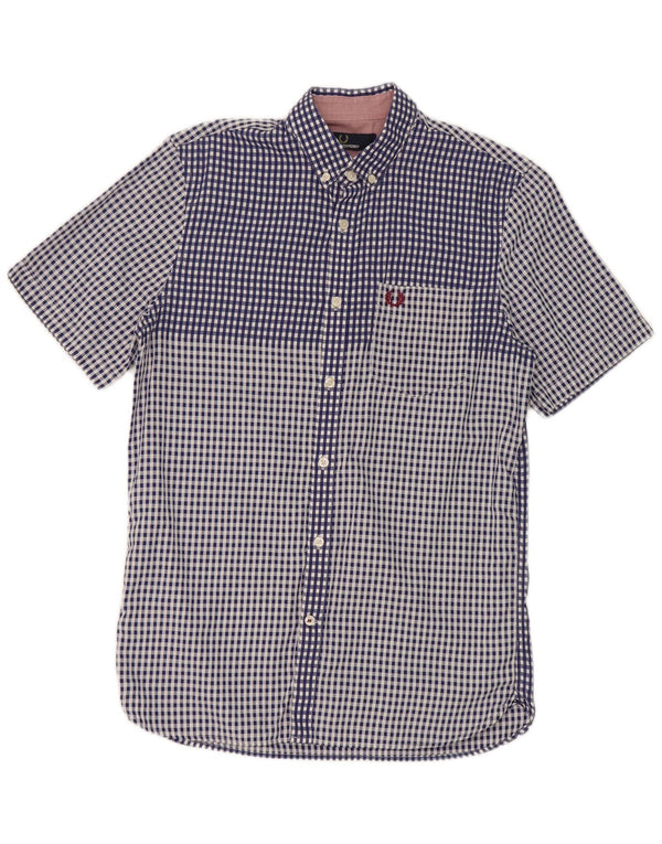 Camisa Fred Perry Hombre De Manga Corta De Algodón A Cuadros Azul Pequeño