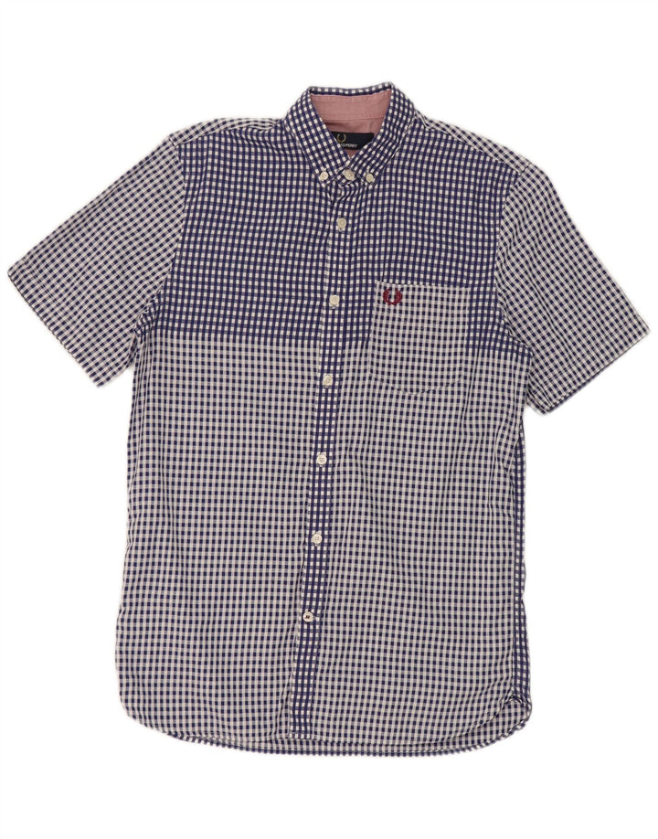 Camisa Fred Perry Hombre De Manga Corta De Algodón A Cuadros Azul Pequeño
