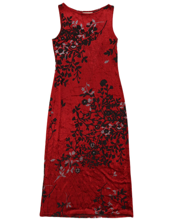 Vintage mujer sin mangas Maxi vestido Reino Unido 12 Medio Borgoña Floral Viscosa