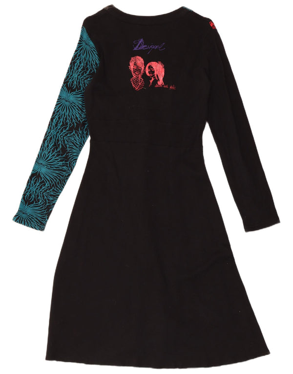 DESIGUAL Vestido acampanado de manga larga con estampado gráfico para mujer UK 40 XL Negro Floral