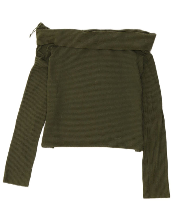 Zara Womens Trafaluc Crop Long Sleeve Off Shoulder Top UK 8 Small Khaki