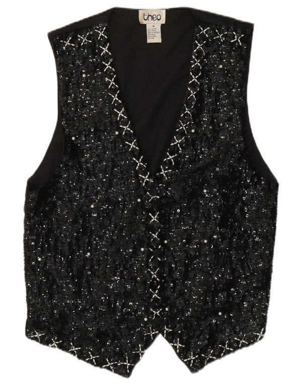 VINTAGE Chaleco de lentejuelas para mujer Reino Unido 14 Algodón negro medio 80s