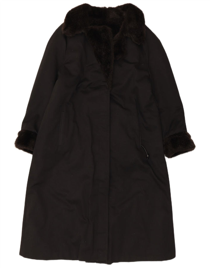 VINTAGE Abrigo de piel sintética para mujer Reino Unido 12 Acrílico negro medio