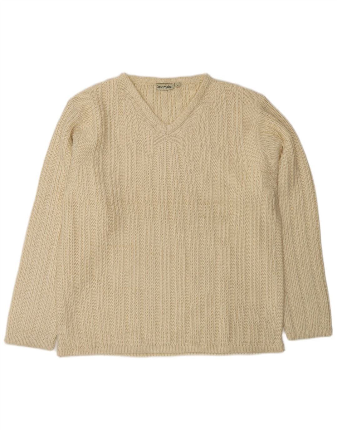 VINTAGE Hombres V-Cuello Jumper Suéter Grande De Lana Blanca