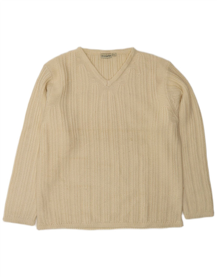 VINTAGE Hombres V-Cuello Jumper Suéter Grande De Lana Blanca