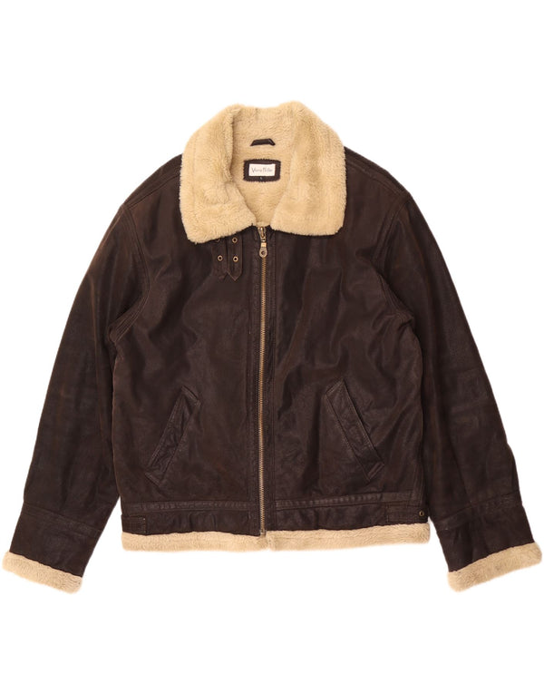 Vintage hombres shearling chaqueta Reino Unido 40 cuero marrón grande