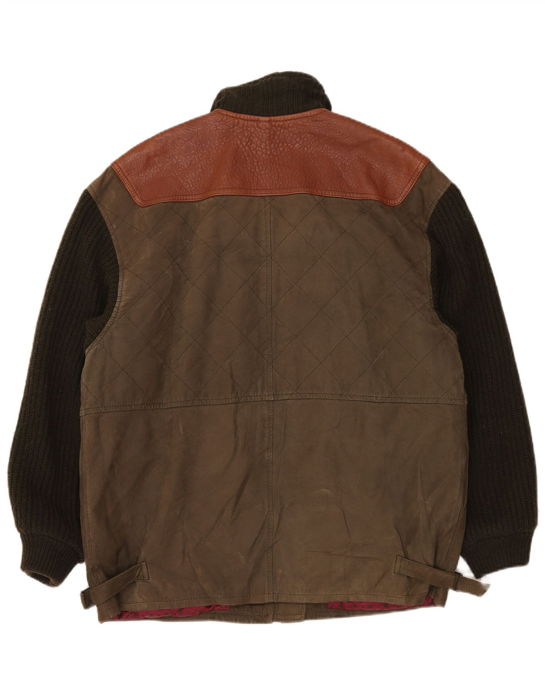 Vintage hombres punto chaqueta de cuero Reino Unido 42 XL Caqui Colorblock Clásico