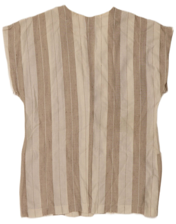 Vintage mujer camisa de manga corta blusa Reino Unido 14 lino de rayas beige medio