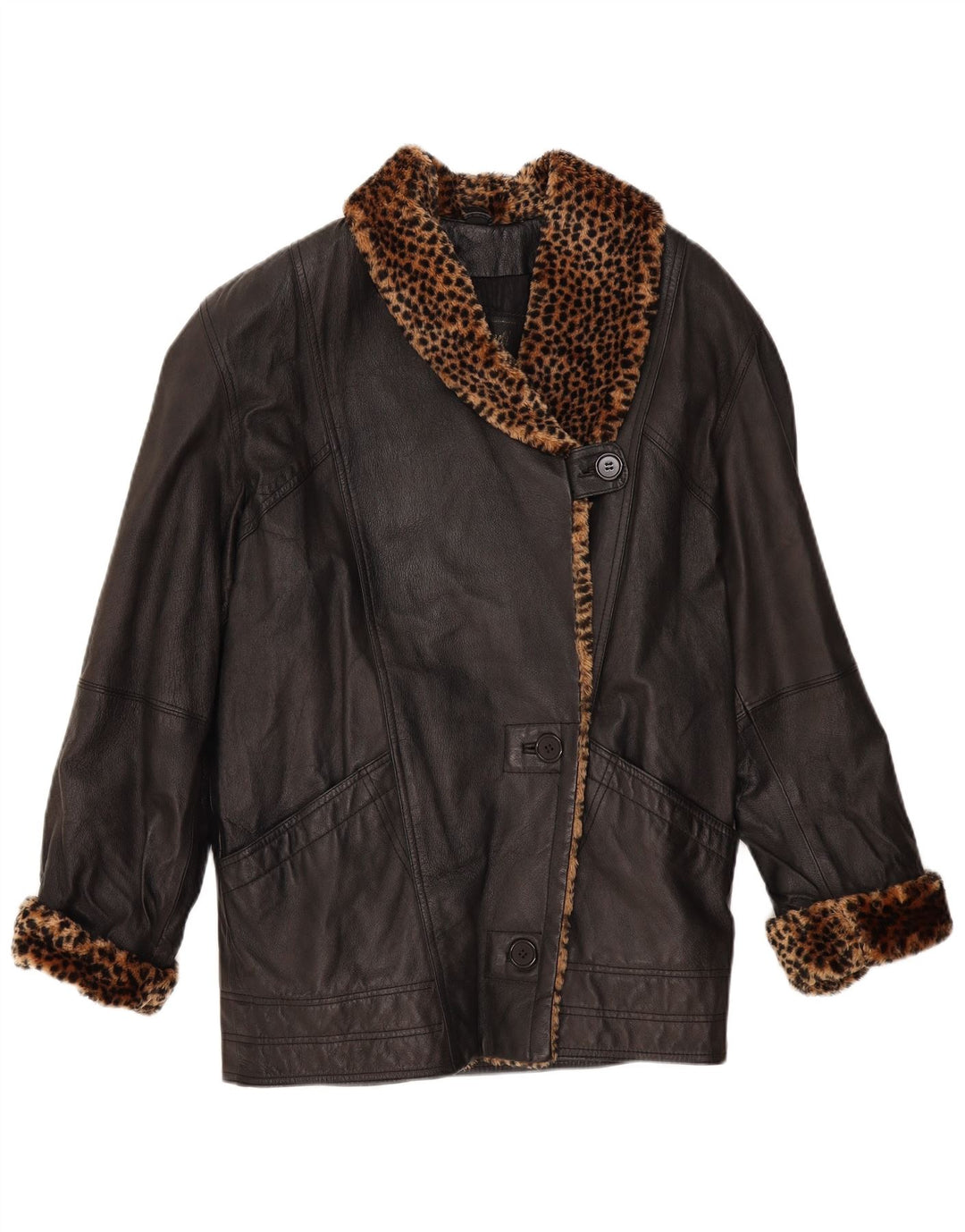 VINTAGE Abrigo de cuero de gran tamaño para mujer Reino Unido 10 Pequeño estampado animal negro