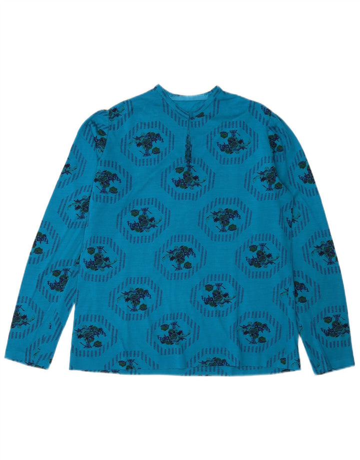 Vintage mujer gráfico top manga larga Reino Unido 14 azul medio floral