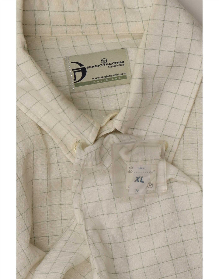 Sergio Tacchini Camisa Hombre XL Lino Cuadros Blanco