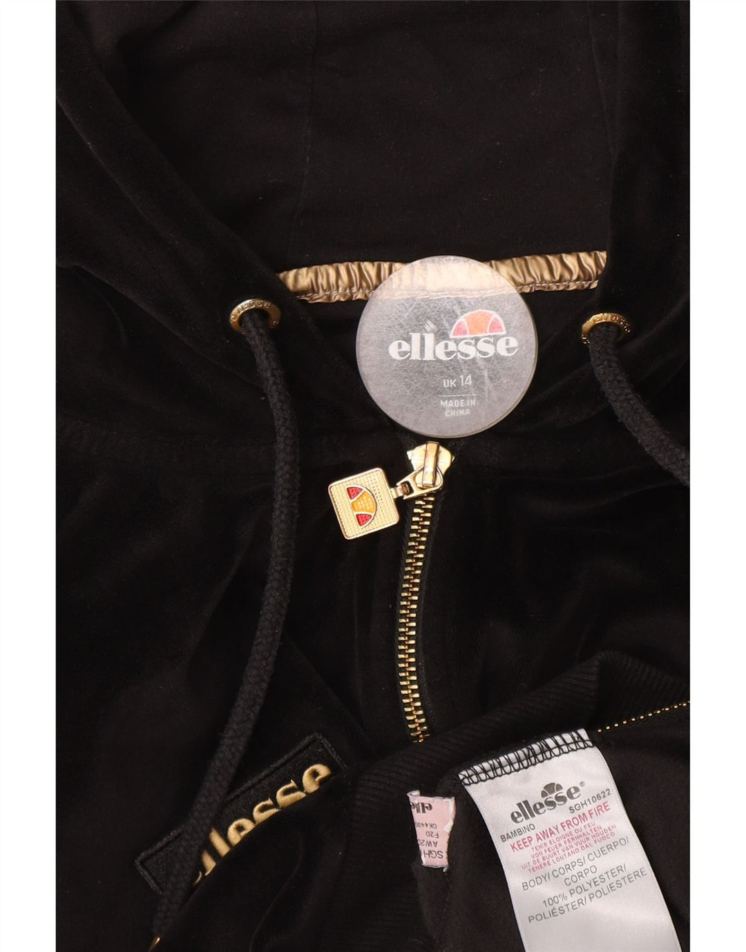 Ellesse Crop Velour Zip Sudadera con capucha para mujer UK 44 Grande Poliéster negro