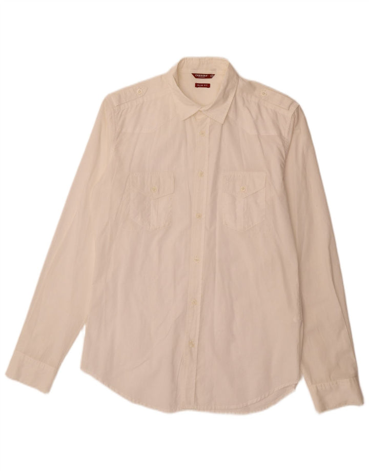 CARRERA Mens Slim Fit Military Shirt Medium Off White Cotton