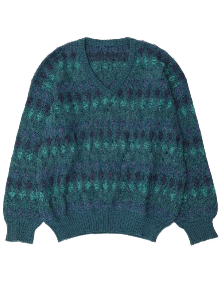 Vintage hombres V-cuello jumper suéter IT 54 XL azul Fair Isle lana