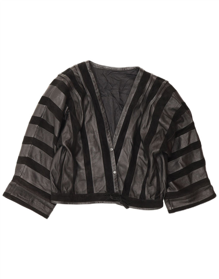 Vintage mujer cuero bomber chaqueta Reino Unido 14 cuero de rayas negro medio