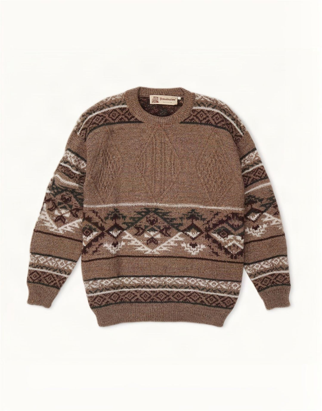 Kennington - Jersey de cuello redondo para hombre, talla grande, color marrón, lana Fair Isle