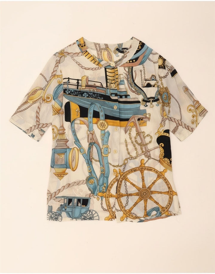 Vintage mujer patrón abstracto camisa de manga corta blusa Reino Unido 14 blanco grande
