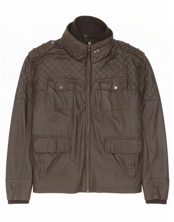 Jeff Banks Chaqueta militar de piel sintética para hombre UK 44 2XL Marrón Poliuretano