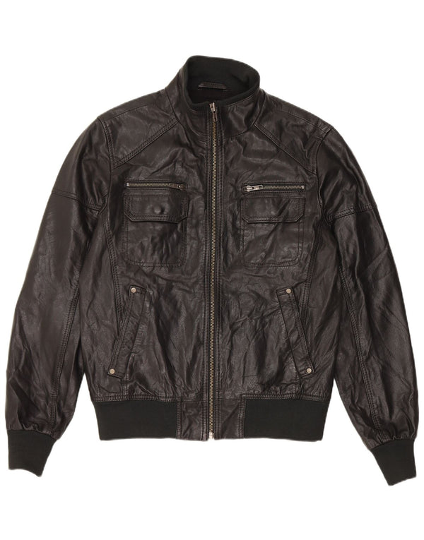 Jack & Jones Chaqueta Bomber de Cuero para Hombre UK 36 Small Black Leather