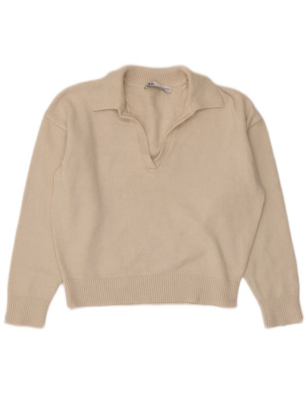 Zara - Jersey corto con cuello tipo polo para mujer, talla 40, color beige medio