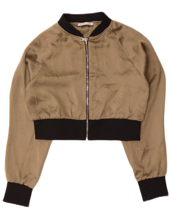 ZARA Mujer Crop Bomber Jacket UK 10 Small Beige Colorblock Poliéster