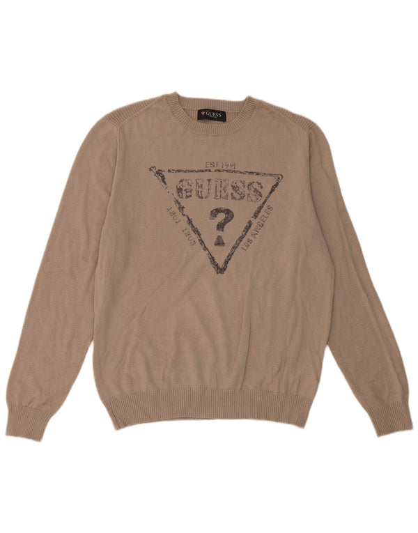Guess Mens Graphic Crew Neck Jumper Sweater UK 36 Small Gris Algodón