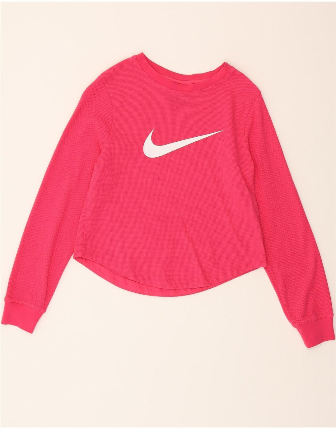 NIKE Womens Crop Graphic Top Long Sleeve UK 12 Medium Pink Cotton Vintage Nike and Second-Hand Nike from Messina Hembry 