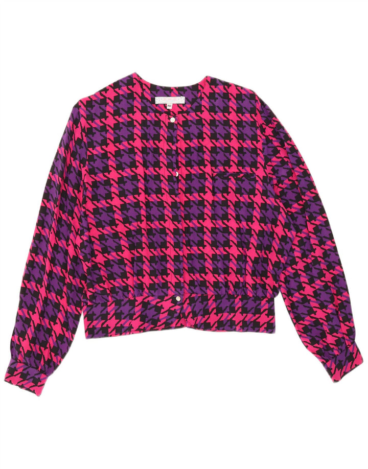 Vintage mujer camisa de gran tamaño blusa IT 46 seda de pata de gallo rosa grande