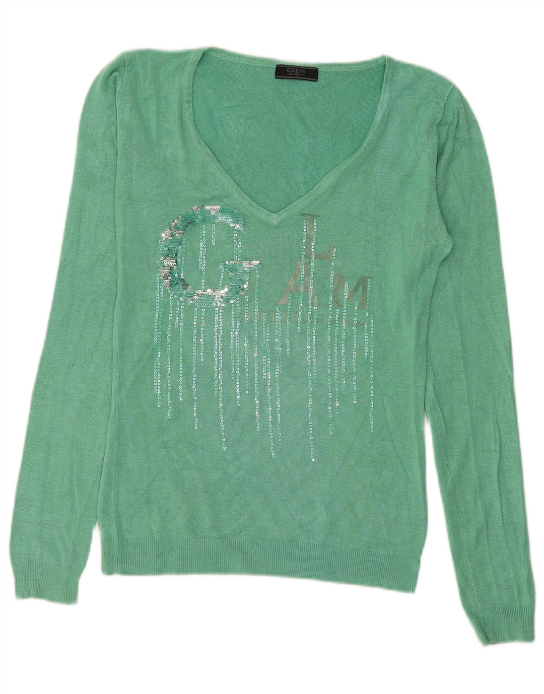 Guess Suéter gráfico con cuello en V para mujer UK 42 Verde medio