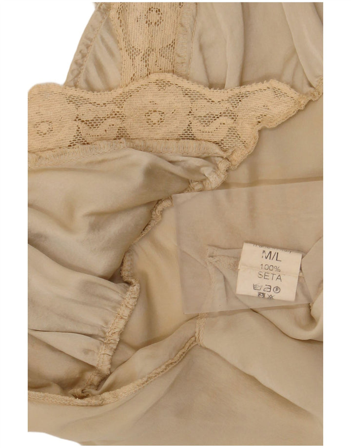 Vintage mujer ropa de dormir Cami Top Reino Unido 12 Medio Beige Floral Seda