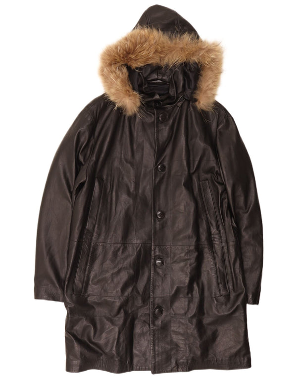 Lavorazione Artigiana Abrigo de cuero con capucha para hombre UK 38 Medium Black Classic