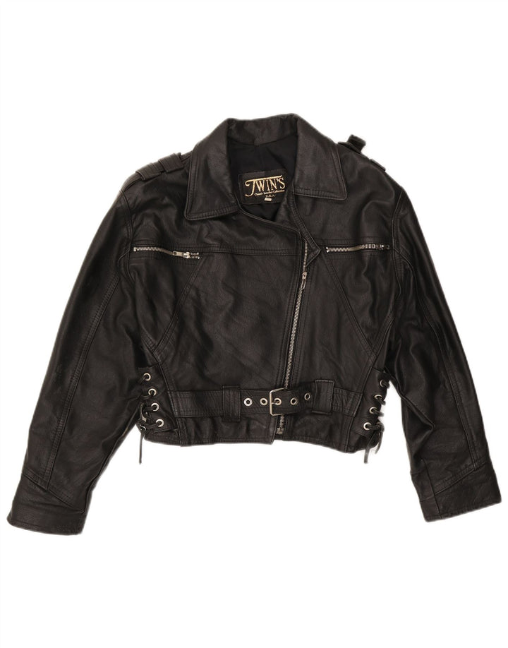 Vintage mujer chaqueta biker de gran tamaño Reino Unido 10 pequeño cuero negro