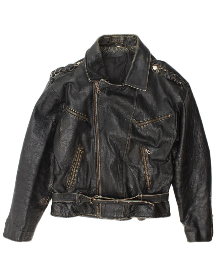 Vintage hombres cuero biker chaqueta Reino Unido 36 pequeño cuero negro